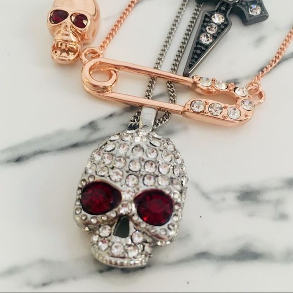Layered Skull Safety Pin Cross Rose Gold Gun Metal Silver Necklace NWT - Picture 6 of 8